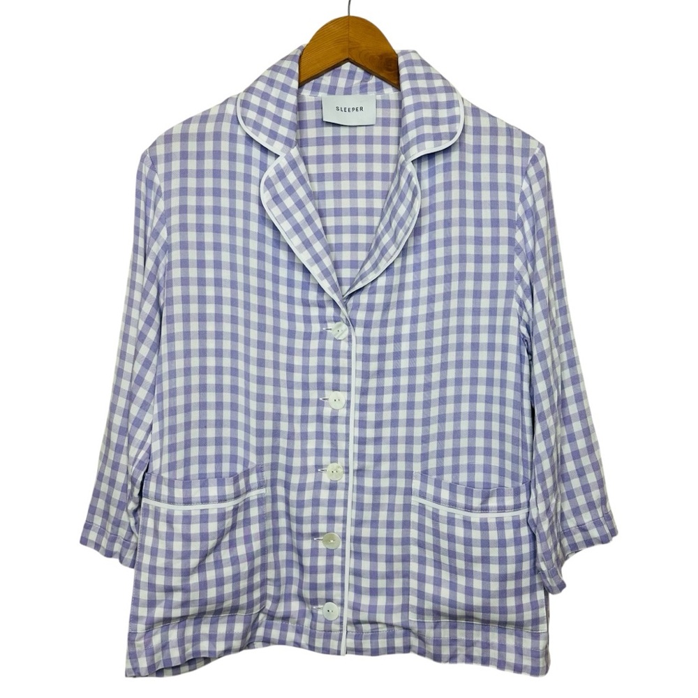 Sleeper Gingham Button Down Shirt Size XS Lavender White 3/4 Sleeves Collared